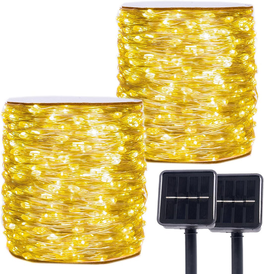 Solar String Lights for Outside,2 Pack 66FT 200 LEDs Solar Fairy Lights,Waterproof 8 Modes Button Outdoor String Light for Patio Garden Backyard Tree Wedding Christmas,Silver Wire,Warm White
