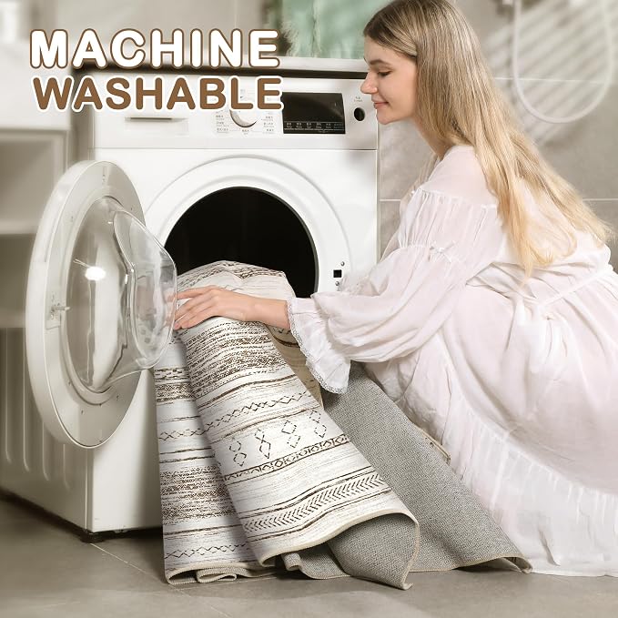 Tortania Area Rug Living Room Rugs - 2x3 Washable Soft Neutral Boho Moroccan Farmhouse Mat Indoor Floor Carpet for Bedroom Under Dining Table Home Office Decor - Cream Brown