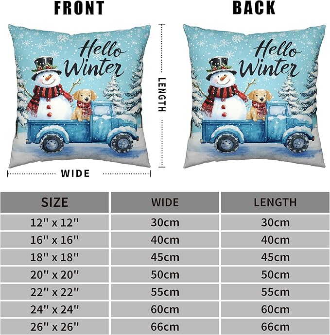 Blue Snowman Pillow Covers 20x20 Set of 2 Hello Winter Truck with Lovely Snowman Puppy Dog Throw Pillow Case Snowflakes Cushion Case for Holiday Decorations Couch Sofa