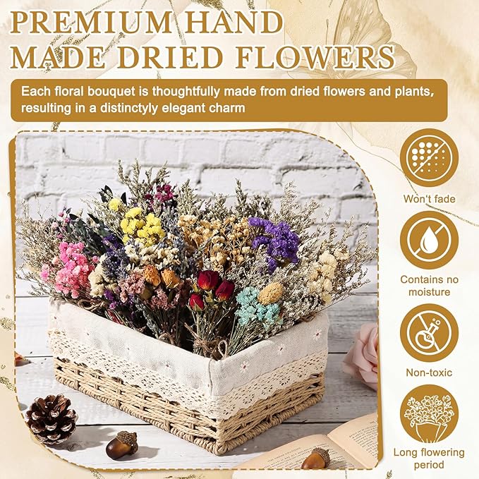 Riceshoot 30 Pcs Dried Flower Bouquets Mini Dried Flowers Bulk with Stem Natural Real Flower Bundles Forget Me Not Boho Floral Arrangement for Crafts Vase Dly Wedding Decor Bridesmaid Gift, 10 Styles