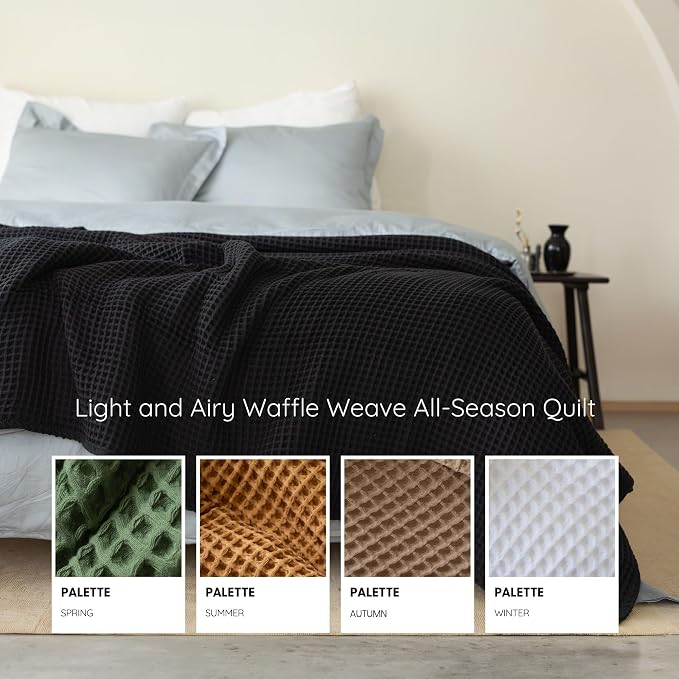 100% Turkish Cotton Waffle Throw Blanket King Size Black - Premium Quality, Light and Airy Waffle Weave All-Season Quilt - Lux Decorative Bedspread (Black, King Size 95" x 110" Inch)