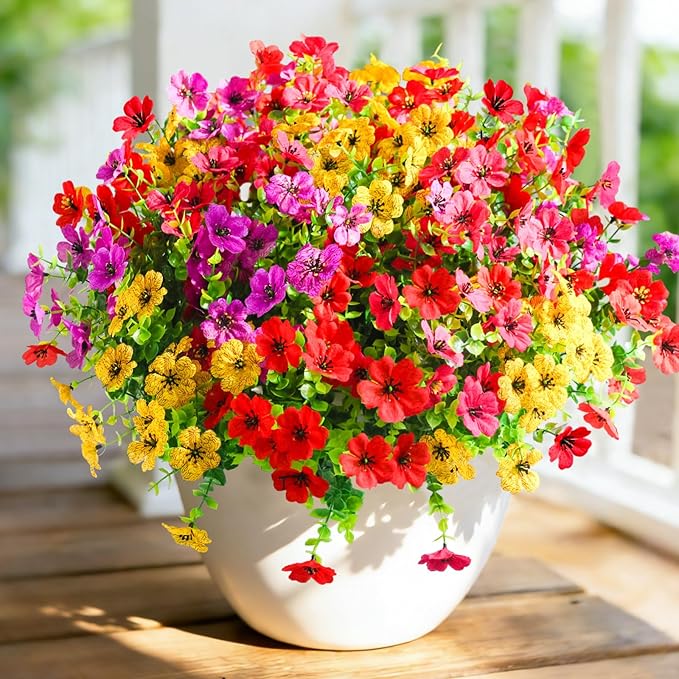 12 Pcs Artificial Flowers for Outdoors, Fake Outdoor Plastic Flowers for Outdoors UV Resistant, Fake Plants Artificial Plants Outdoor Plastic Plants, Silk Faux Spring Flowers for Outside