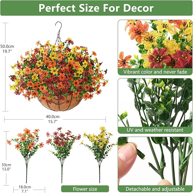 Artificial Flowers Fake Hanging Basket for Outdoor Spring Summer Decoration, 12 Bundles Faux Hanging Plants UV Resistant, Realistic Silk Flower for Outside Planters Porch Patio Balcony Yard Garden