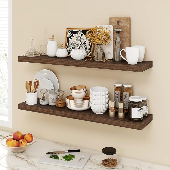 Acovy 40 Inch Floating Shelves, 9.3" Deep Floating Shelf Wall Mounted, 40" Wall Shelves, Rustic Deep Bookshelf, Large Display Shelves & Storage Shelves for Bedroom, Living Room, Walnut, Set of 2