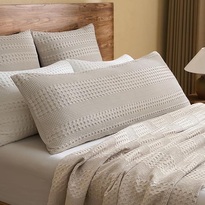 PHF 100% Cotton Waffle Body Pillowcase with Zipper, 1 Pack 20" x 54" Soft Skin-Friendly Pillow Sham, No Filling, Aesthetic Woven and Breathable Waffle Weave Body Pillow Cover for Bed, Pearl Gray