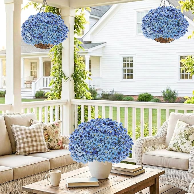 Powbrace 60 Pack Artificial Flowers for Outdoor Indoor Fake Plants, Faux Silk Flowers for Outdoors Outside Front Porch Hanging Planter Window Box Garden Spring Decoration(Blue)