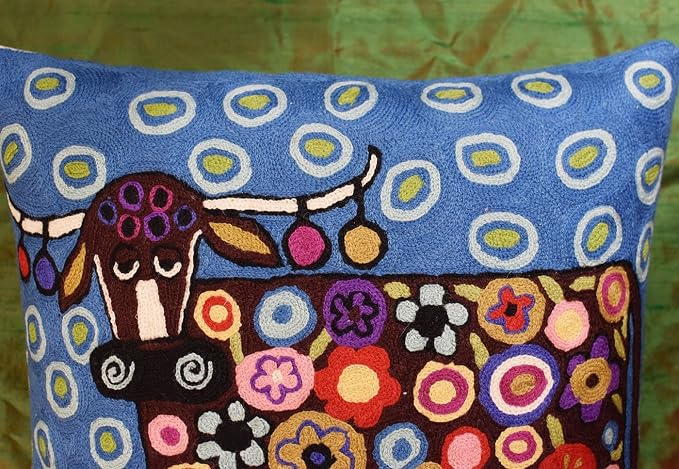 Cow Pillow Cover Karla Gerard Animal Cow-Themed Throw Kids Room Pillowcase Blue Chair Pillows Whimsical Cow Art Throw pillowsham Hand Embroidered Wool Size 18x18