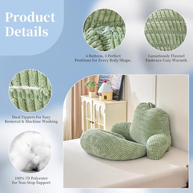 19" Reading Pillow for Bed,U Shaped Arm & Elbow Support,Green Corduroy | Backrest Supports Back,U Shaped Lap Pillow Cushions Arms,Elbows & Wrists,Ribbed Corduroy for Reading,Gaming,Watching TV