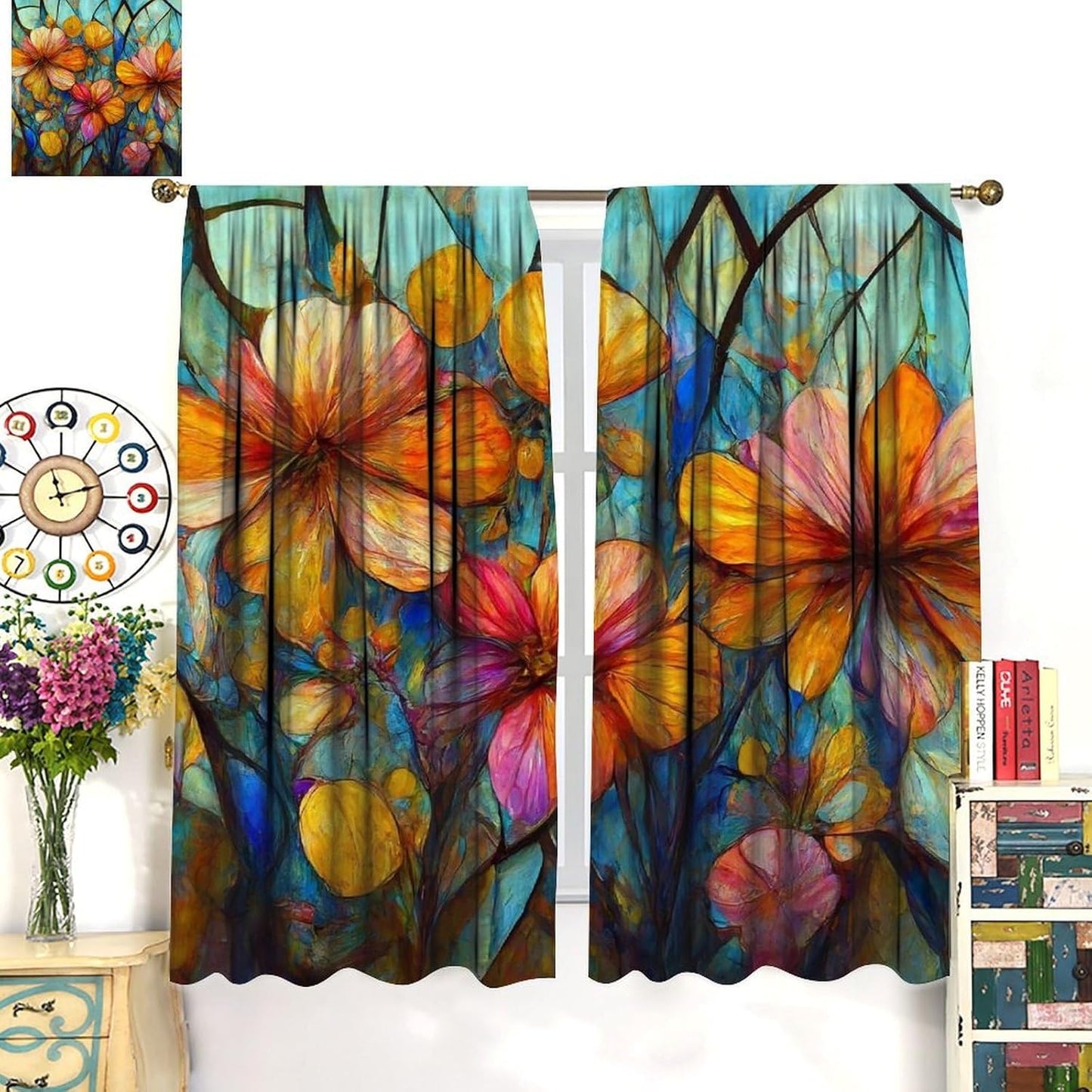 Stained Glass Curtains,Magic Forest Colorful Flowers Abstract Art Home Decor Drapes for Bedroom Living Room Kitchen Window Treatment 2 Panels Set Total Size 63" W X 72" L Inch