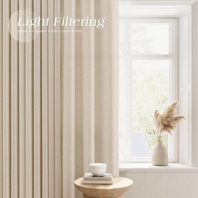 Birch Beige Linen Curtains 90 Inches Long for Living Room Light Filtering Semi Sheer Grommet Top Curtain Luxury Neutral Sheer Modern Farmhouse Privacy Drapes for Bedroom Dinner Room 52x90, 2 Panels