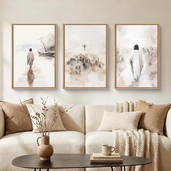 ARYROI Jesus Christ Walking On Water Framed Canvas Wall Art Set,Religious Christian Biblical Scenes Landscape Wall Decor,Watercolor Neutral Faith Scripture Cross Artwork for Living Room,Prayer Room,Church-16"x24"x3