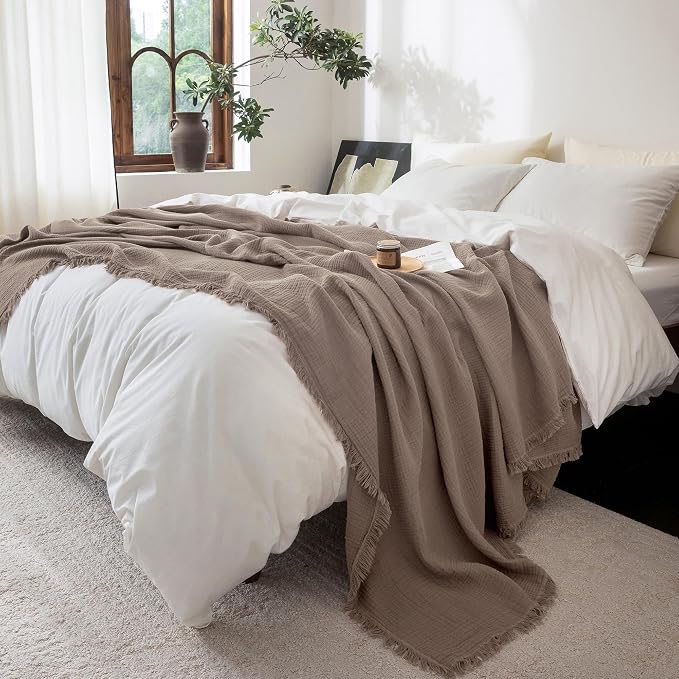 FOSSA Muslin Blanket 4-Layer 100% Cotton Gauze Blanket with Fringe 50"x70" | Super Soft Breathable Lightweight All Season & Decorative Blanket or Bed, Sofa, Office (Pale Brown,Throw XL)