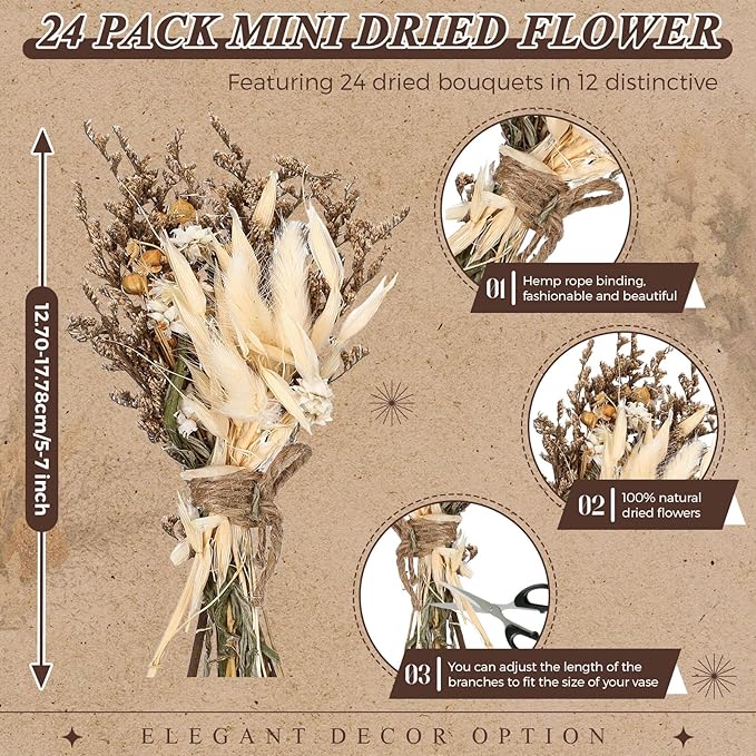 Layhit 24 Pcs Boho Dried Flower Bouquet Mini Wedding Handmade Dry Flowers Decor for Vase Crafts DIY Photo Boutonniere for Men Floral Plant for Bridesmaid Gift Birthday Decor(Stylish)
