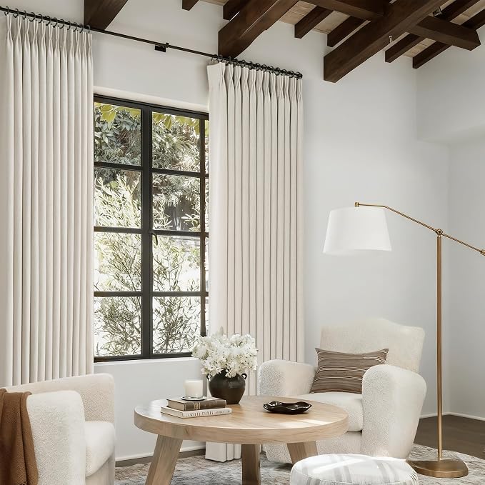 Beige Linen Pinch Pleat Curtains 96 inches Long 2 Panels for Living Room Patio Door Light Filtering Semi Sheer Pleated Curtain 96 Length Memory Trained FarmhouseNeutral Flax Linen Drapes 8 ft Apricot
