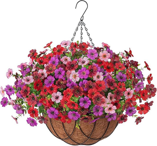 INXUGAO Artificial Silk Flowers Hanging Baskets Outdoors Indoors, Fake Daisy with Eucalyptus Leaves Arrangement for Garden Yard Spring Summer Decor Faux Green Plant(Red Brown Purple Pink)