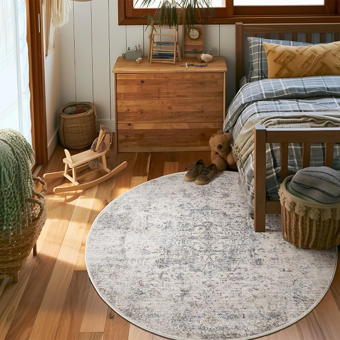 Machine Washable Rugs for Living Room: 4x4 Area Rugs for Bedroom Ultra Soft Non-Slip Low Pile Vintage Distress Boho Large Carpet for High-Traffic Dining Room - Farmhouse Decor