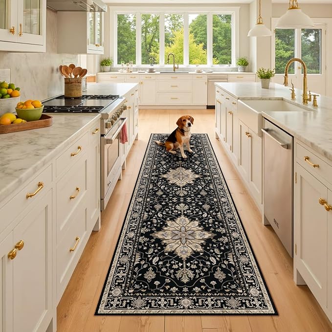 RELEANY Area Rugs 2'6''x8' Runner Rug Non Slip Washable for Kitchen Hallway Bedroom Beside Laundry Room Bathroom Rug, Floor Carpet, Black Brown Neutral Dark Tan