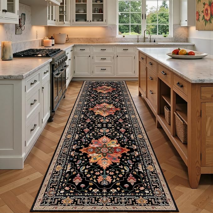 RELEANY Area Rugs 3'x9' Runner Rug Non Slip Washable for Kitchen Hallway Bedroom Beside Laundry Room Bathroom Rug, Floor Carpet, Black Colorful Floral Dark Tan