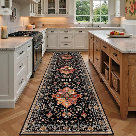 RELEANY Area Rugs 3'x9' Runner Rug Non Slip Washable for Kitchen Hallway Bedroom Beside Laundry Room Bathroom Rug, Floor Carpet, Black Colorful Floral Dark Tan