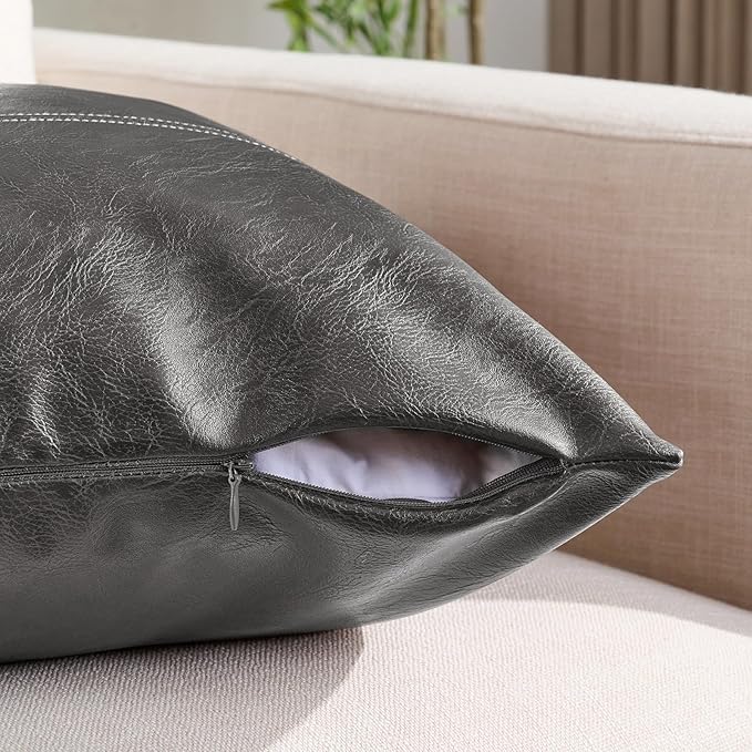 Fancy Homi Dark Gray Long Lumbar Faux Leather Decorative Throw Pillow Covers 12x24 Inch for Outdoor Couch Bed, Modern Farmhouse Boho Home Decor, Charcoal Gray Hand Stitched Cushion Case 30x60 cm