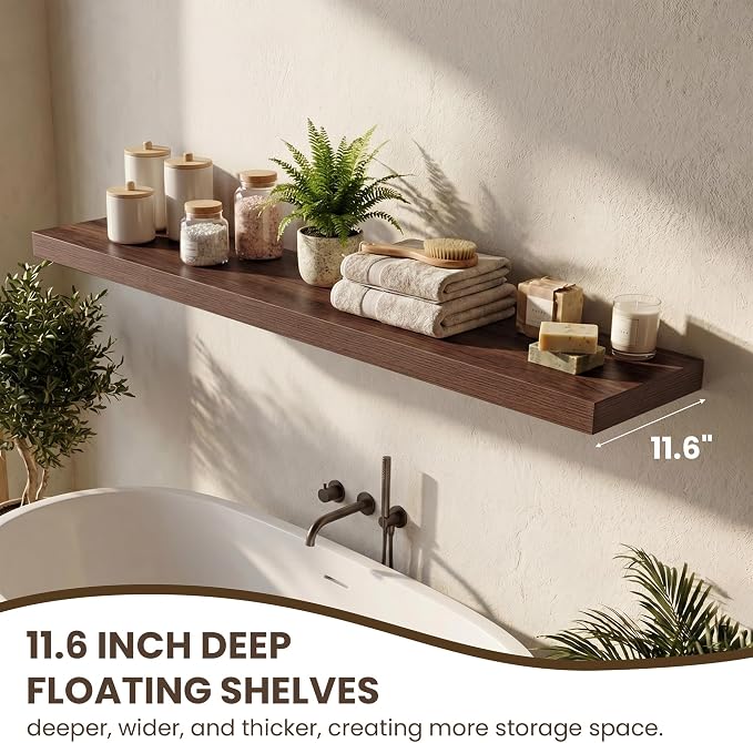 Acovy 24 Inch Floating Shelves for Wall,12" Deep Floating Shelf Set of 2 with Invisible Brackets,Rustic Farmhouse Wall Mounted Shelf for Kitchen,Bathroom,Living Room,Bed Room,Walnut