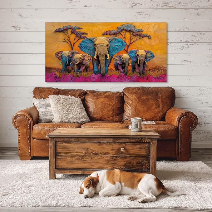 Ggaafet Colorful Elephant Wall Art for Living Room Canvas Painting Prints Beautiful Cute African Purple Surreal Art Deco Modern Artwork Office Bedroom Family Dining Room Decor Extra Large