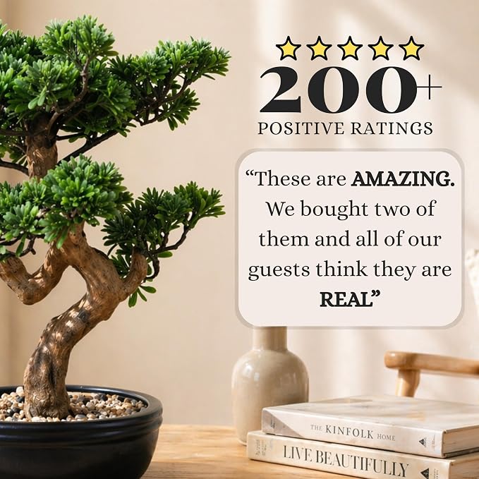 Artificial Bonsai Tree 16" Tall with Realistic Wood and Ceramic Pot, Fake Plants for Home, Bedroom and Office Desk, Japanese Decor