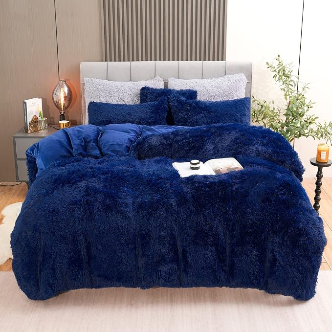 Fluffy Plush Duvet Cover Set Queen Size, Luxury Ultra Soft Velvet Fuzzy Comforter Cover Bed Sets 4Pcs(1 Faux Fur Duvet Cover + 2 Pillow Cases + 1 Pillow Cover) Zipper Closure (Queen, Navy Blue)