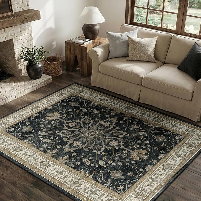 RELEANY Area Rugs 4'x5' Washable Non-Slip, Floral Vintage Distress Print Pattern Medallion Carpet for Living Room Bedroom Dining Room, Vintage Black Brown Neutral