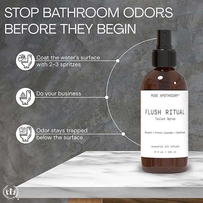 Muse Apothecary Flush Ritual - Aromatic & Refreshing Toilet Spray, Use Before You Go, 8 oz, Infused with Natural Essential Oils - Tonka Bean + Amber + Warm Cedarwood, 3 Pack