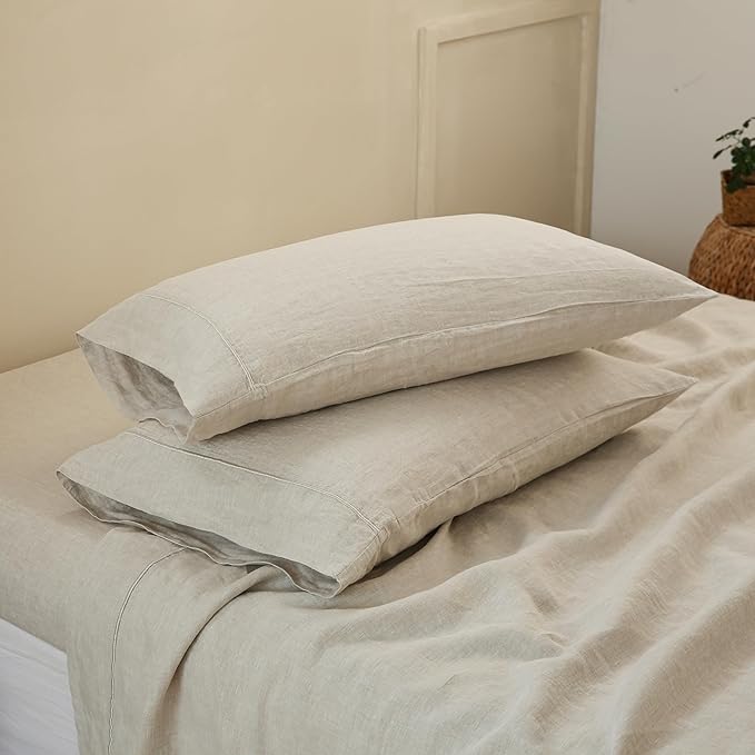 100% French Linen Pillowcases with Embroidery - Pack of 2 - Washed Solid Color Natural Flax Soft Breathable - Linen, 20'' x 30''
