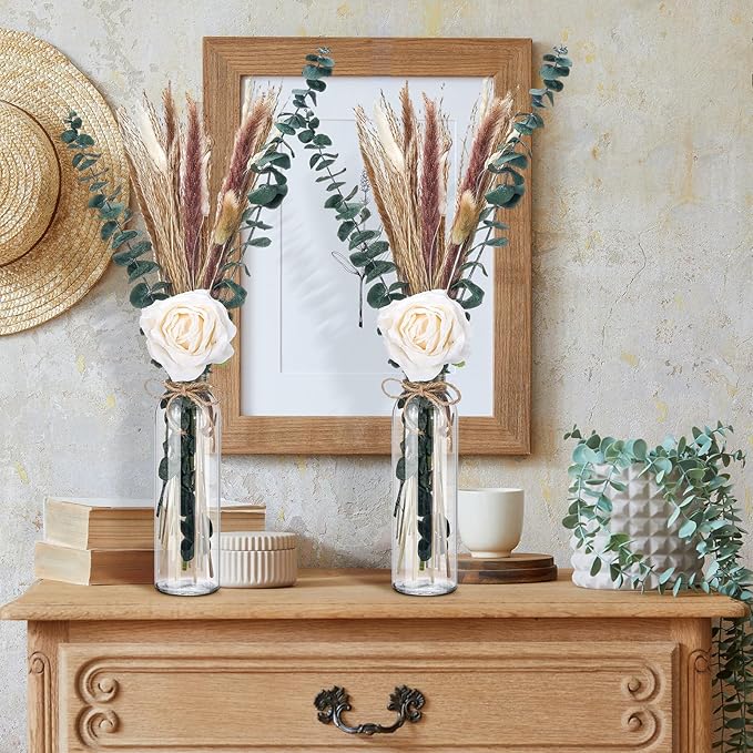 Qinyoung 10 Set Dried Pampas Grass Centerpiece for Wedding Baby Shower Party 10 Glass Flower Jars 10 Artificial Roses 80 Dried Pampas Grass with Rope for Rustic Bridal Farmhouse Decoration(White)