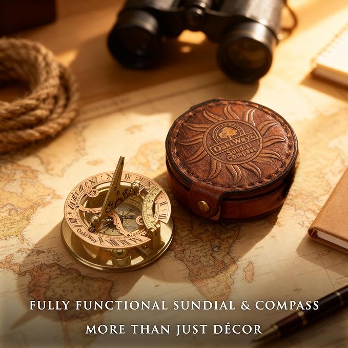 OakiWay Brass Sundial Compass in Leather Case - Nautical Gifts for Men, Antique Sailing Anniversary Gadget for Him, Unusual Unique Nautical Decor, Naval Maritime Pocket Watch Clock (2.7" Inch)
