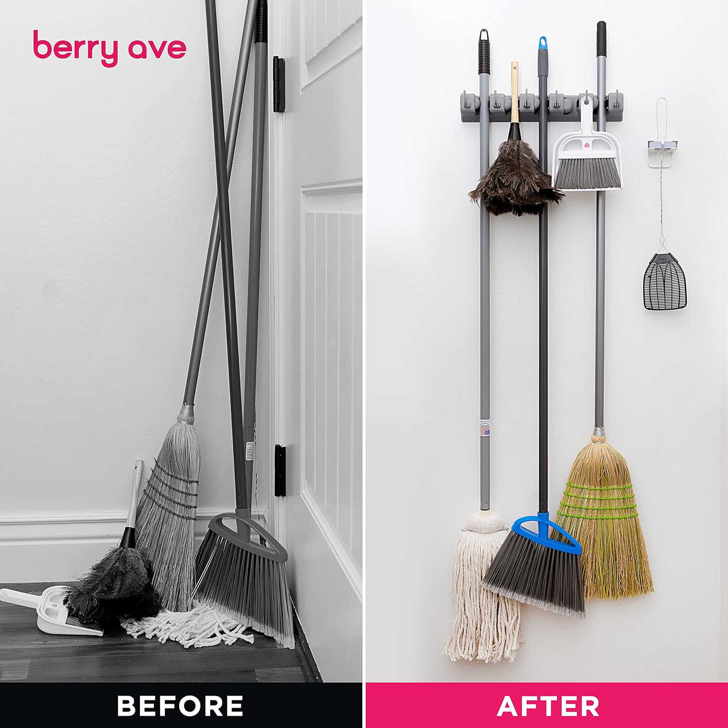 Berry Ave Broom Holder Wall Mount and Garden Tool Organizer - Thumbnail 2
