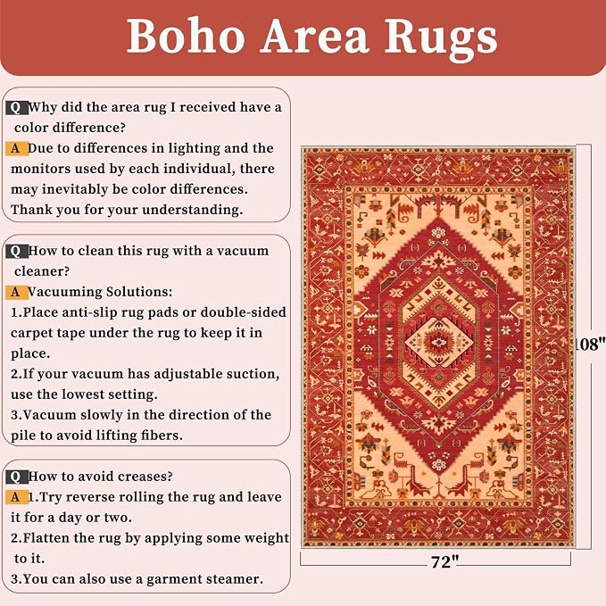 SERISSA 6x9 Area Rugs for Living Room, Large Washable Non-Slip Boho Rug, Ultra Soft Vintage Red Oriental Tribal Print Distressed Carpet for Dining Room Bedroom Dorm Office Home Decor