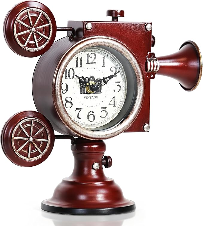 AYRELY® Vintage Industrial Film Projector Mantel Clock, Battery Operated Metal Shelf & Table Clock, Retro Home Décor Gift for Film Lovers, Living Room, Fireplace & Media Room
