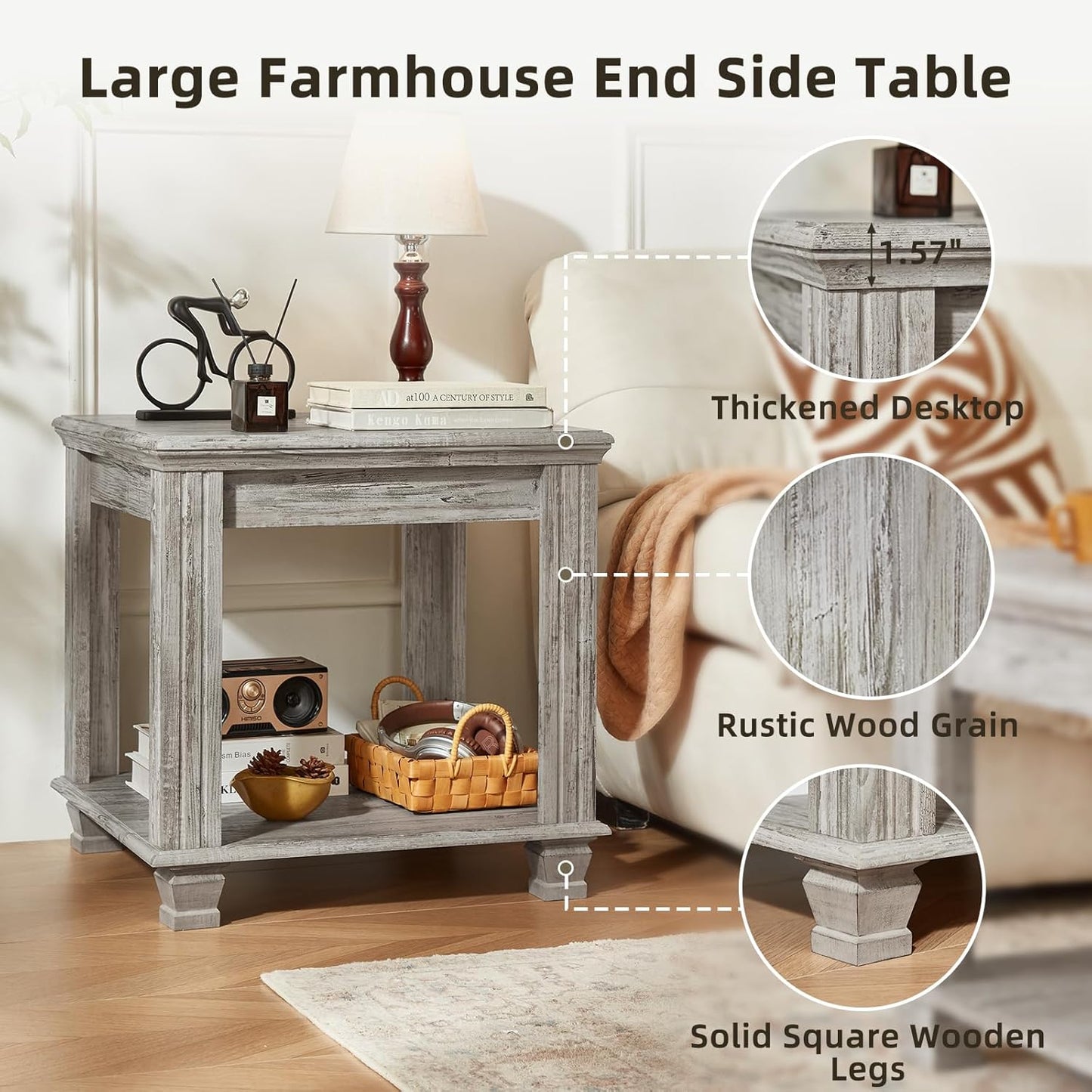 Farmhouse End Table,Large Side Table with 2-Tier Storage Shelf,Rustic Wood End Tables for Living Room,Square Tea Table,Gray