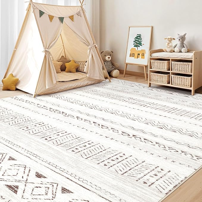 cotiled 6x9 Area Rug Living Room: Washable Boho Rugs with Non Slip Backing Large Soft Indoor Stain Resistant Carpet for Bedroom Farmhouse Dining Room Lightweight Home Decor L Brown/Cream