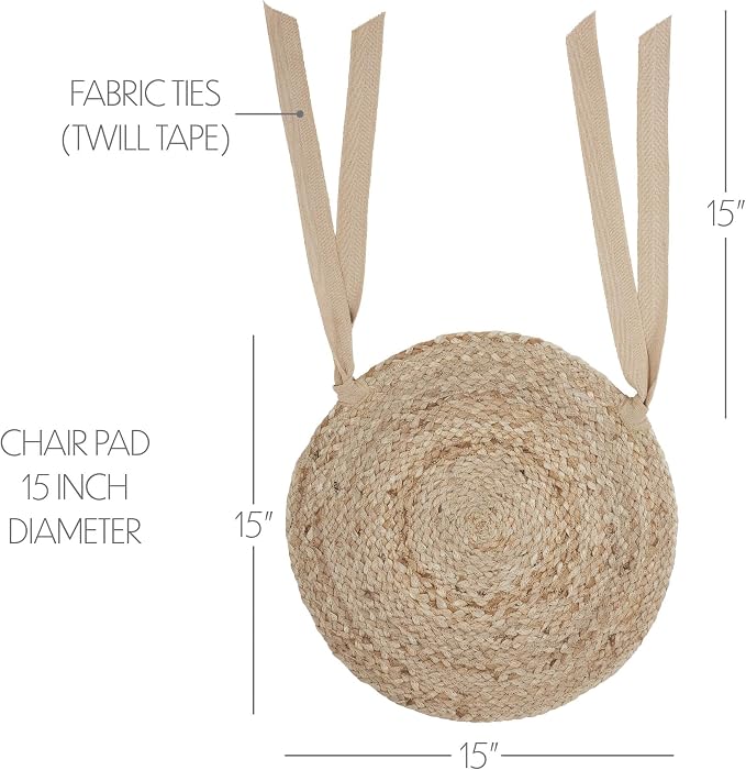 VHC Brands Jute Chair Pad, Dining Room and Kitchen Seat Cushion With Ties, Natural Collection, Round 15x15