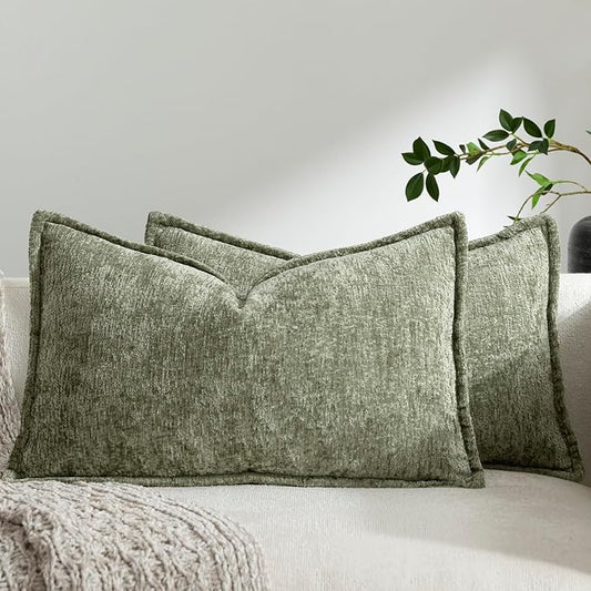 DEZENE Pack of 2 Sage Green Christmas Decorative Throw Pillow Covers 12x20 Cozy Soft Chenille Accent Vintage Rectangular Lumbar Couch Pillow Covers for Home Decor Bed Sofa Living Room