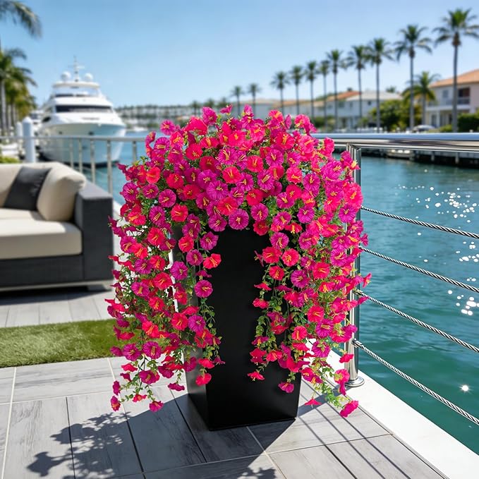 Fake Artificial Hanging Morning Glory Flowers for Outdoor Planters Porch Pation Decoration,2 Bundles UV Resistant Silk Faux Flowers with Realistic Eucalyptus Plants for Home Office Garden Decor