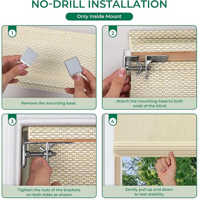 Allesin zen No Drill Cordless Bamboo Roman Shades, Light Filtering 35" W x 64" H, Ivory