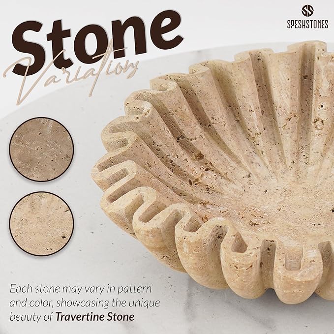 Marble Decorative Bowl Handmade 8 Inch Travertine Ruffle Bowl, Fruit Bowl for Kitchen Counter, Large Scalloped Bowls for Housewarming Gifts, Modern Fluted Bowl for Home Decor