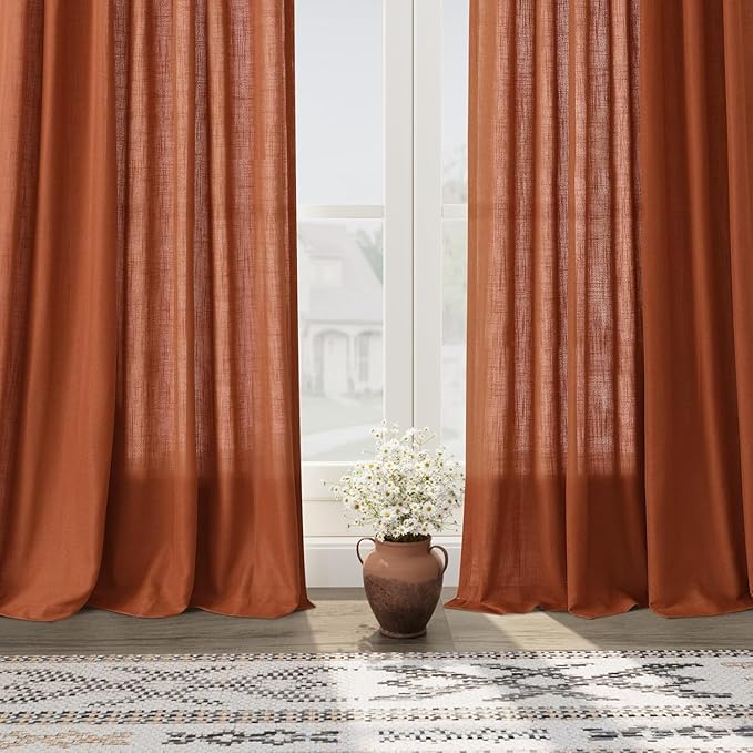 Nanspring Terracotta Linen Curtains 90 Inches Long 2 Panel Set Back Tab Boho Rustic Farmhouse Curtain for Living Room Semi Sheer Light Filtering Luxury Home Decor for Bedroom Dining Room 60x90