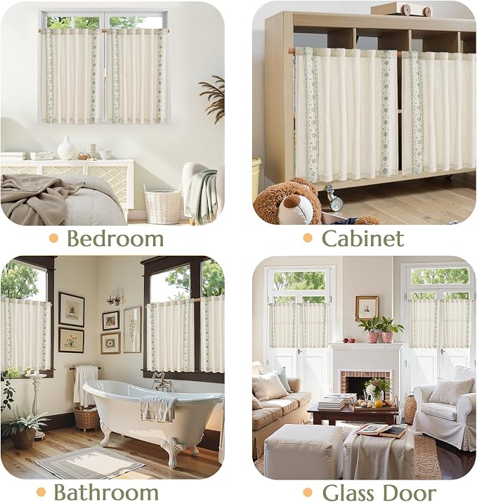 jinchan Small Window Curtains 45 Inch Length Linen Cafe Curtains for Kitchen Bathroom Bordered Floral Embroidered Short Drapes Rustic Farmhouse Light Filtering Curtain Set 2 Panels Green on Beige