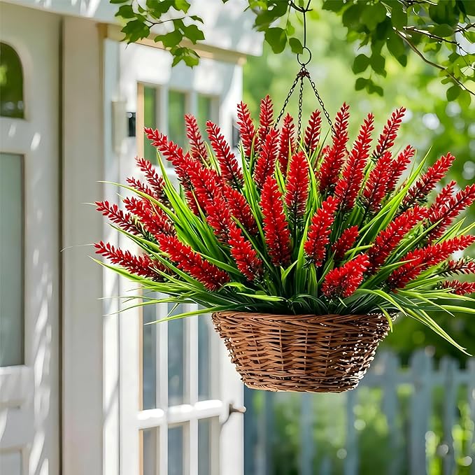 Geegoods Artificial Plants Flowers Outdoor – 48 Bundles UV Resistant Faux Lavender Flowers with Monkey Grass for Garden Porch Window Patio Hanging Planter Decor