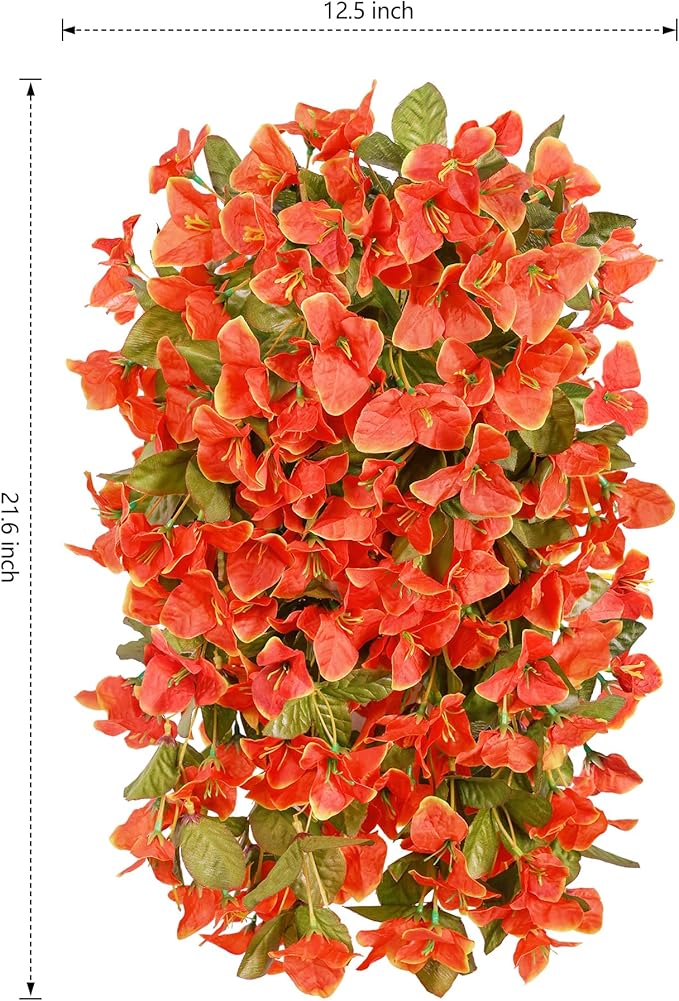 HyeFlora Bougainvillea Artificial Hanging Flowers Plants for Outdoors Decoration, 2pcs Faux Bougainvillea Vines Orange Fake Flowers Realistic UV Resistant Silk Flowers for Outside Planter Yard Porch