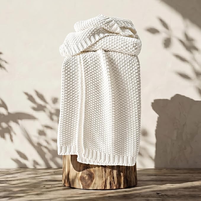 EverGrace Organic Cotton Chunky Knit Throw Blanket, 60 x 80 Bright White | OCS Certified Organic Cotton, Seed Stitch Knit, Soft & Breathable, Cozy Midweight, Decorative Throw for Couch, Bed & Sofa