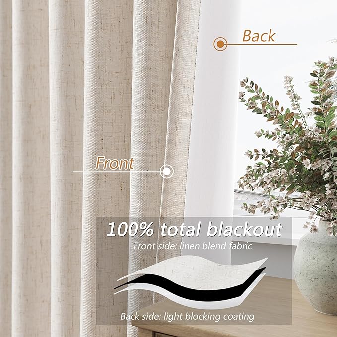Guken 100% Blackout Linen Curtains 132 Inch Length 2 Panels Set for Living Room Bedroom Back Tab Thermal Insulated Black Out Drapes Room Darkening Farmhouse Style for Bedroom Window Curtains 52x132