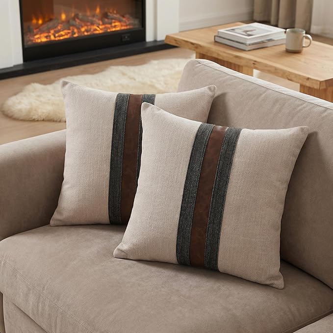 BOYSUM Set of 2 Leather Throw Pillow Covers Cotton Linen Decor Patchwork Pillow Cover Faux Leather Pillows Cover for Couch Sofa Living Room Bedroom,Beige 24"x24"